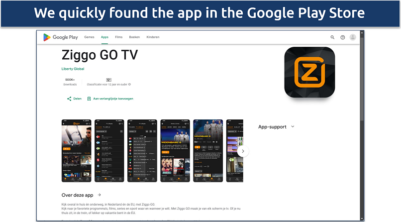 Screenshot of the Ziggo Go app in the Google Play Store on Windows