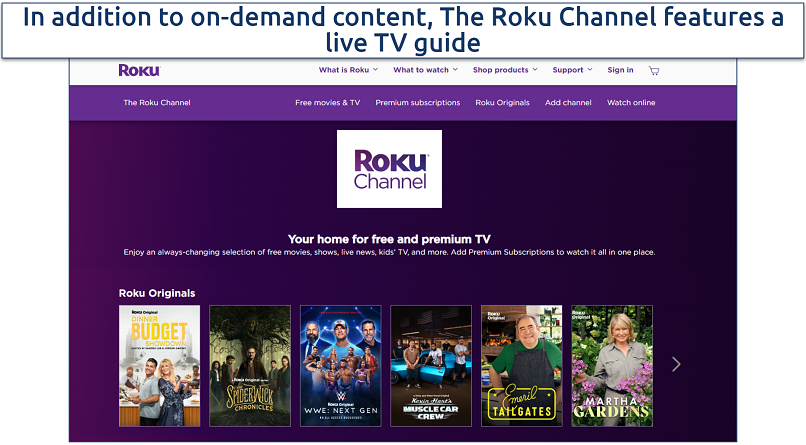 Screenshot of the Roku Channel website