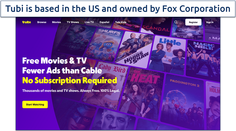 Screenshot of the Tubi TV website