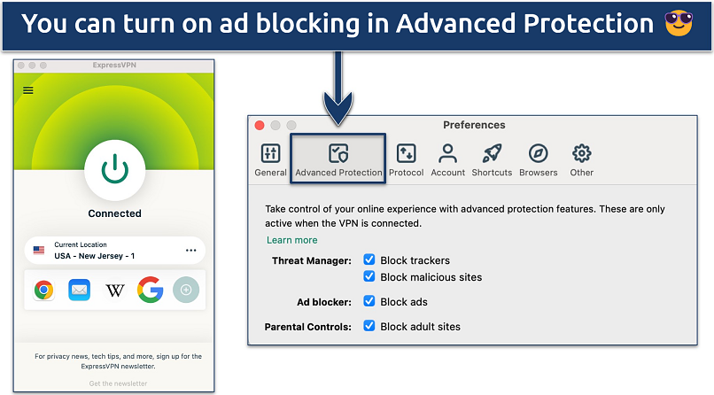 Screenshot showing how to enable ExpressVPN's ad blocker