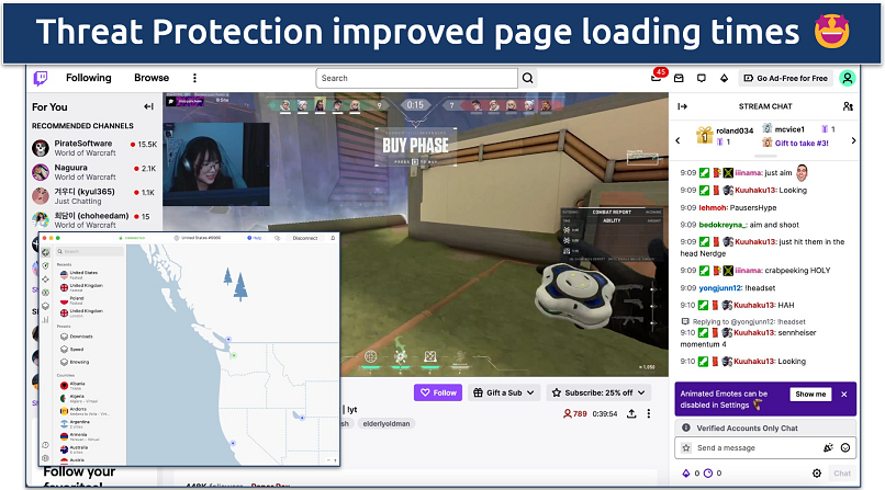 Screenshot of a Twitch stream with NordVPN blocking ads