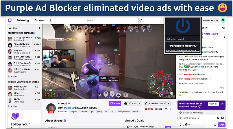 Screenshot of shrood's Twitch stream with Purple Ad Blocker blocking ads