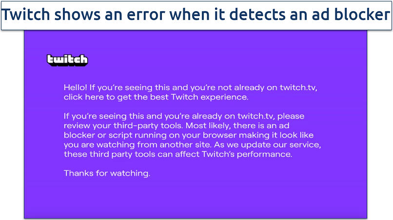 Screenshot of Twitch's purple screen error