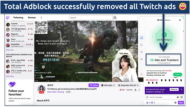 Screenshot of Total Adblock removing Twitch ads on a stream