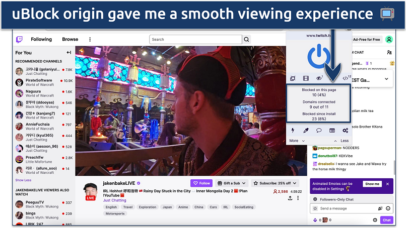 Screenshot of JakenbakeLive Twitch stream with ublock origin blocking ads