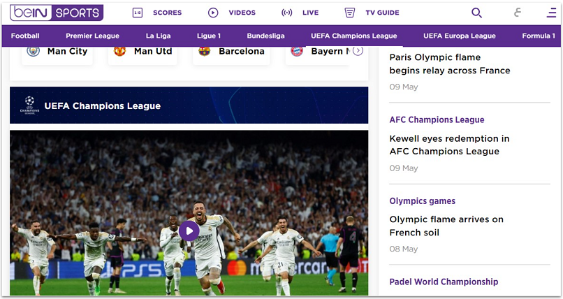 A screenshot showing the beIN Sports home page