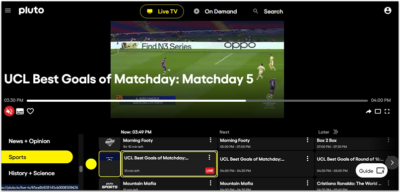 A screenshot showing the Pluto TV sports page