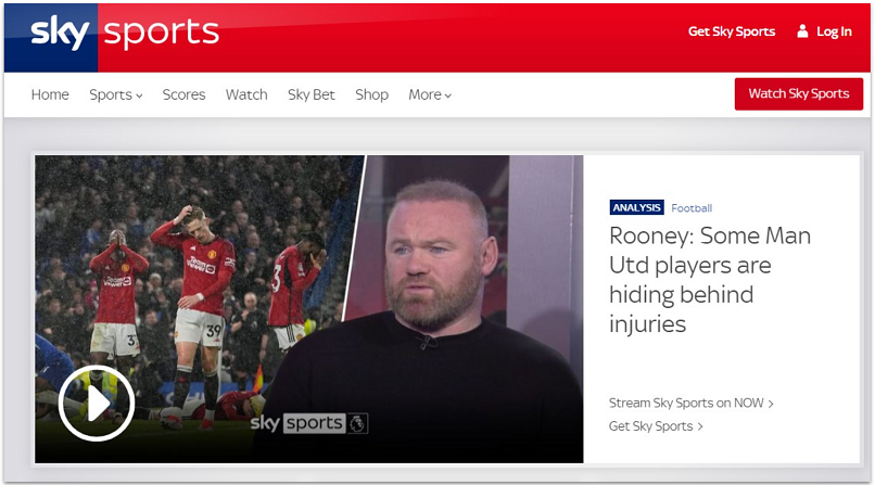 A screenshot showing the Sky Sports home page