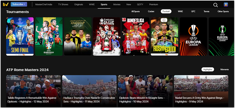 A screenshot showing the SonyLIV sports page