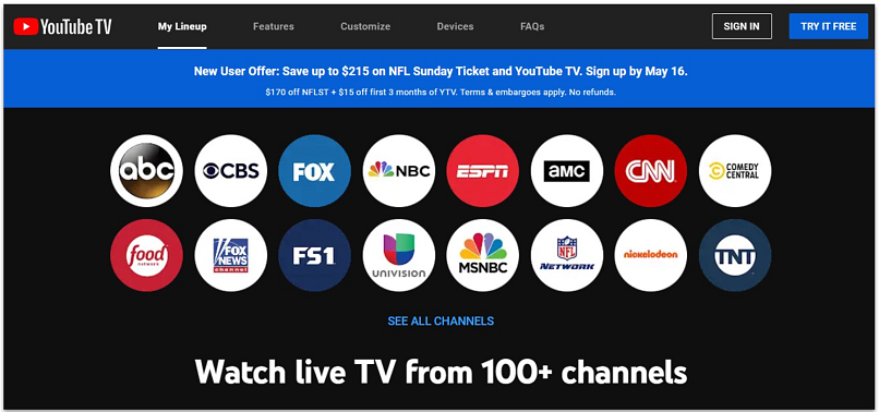 A screenshot showing the YouTube TV home page