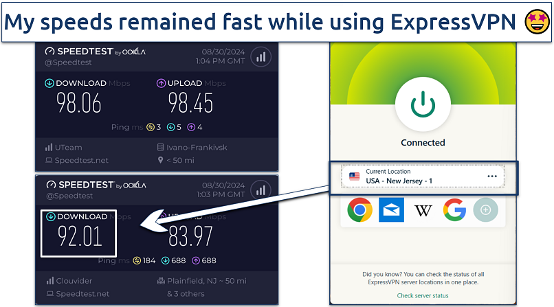 A screenshot showing ExpressVPN's fast speed test results