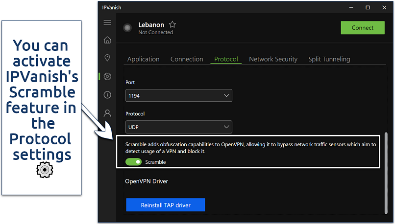 A screenshot showing IPVanish protocol settings page