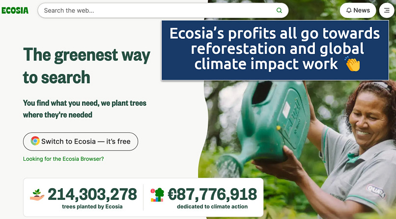 Screenshot showing the Ecosia search engine's homepage