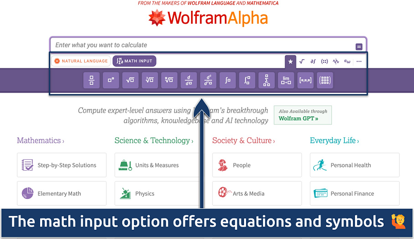 Screenshot showing the WolframAlpha search engine's homepage