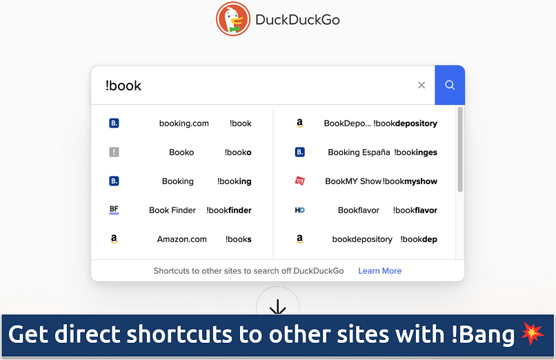 Screenshot showing the DuckDuckGo search engine's homepage