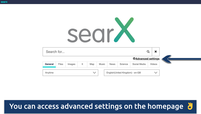 Screenshot showing the homepage of the SearX search engine