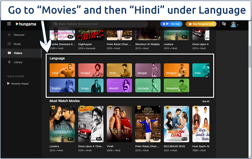 Screenshot of the Hungama Interface with its movie language options