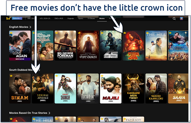 Screenshot of the movie selection on SonyLiv showing free and Premium films