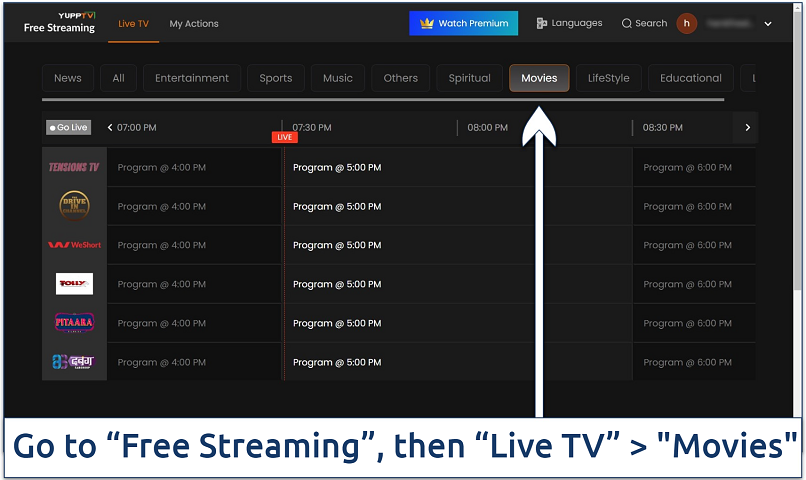 Screenshot of YuppTV's live Movie channels