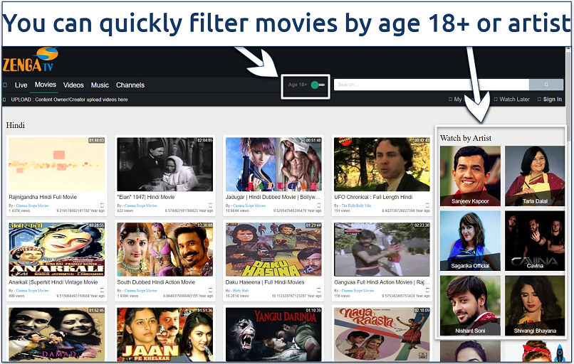 Screenshot of Zenga TV's selection of Hindi films