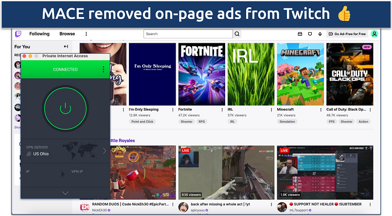 Screenshot of MACE removing on-page ads on Twitch