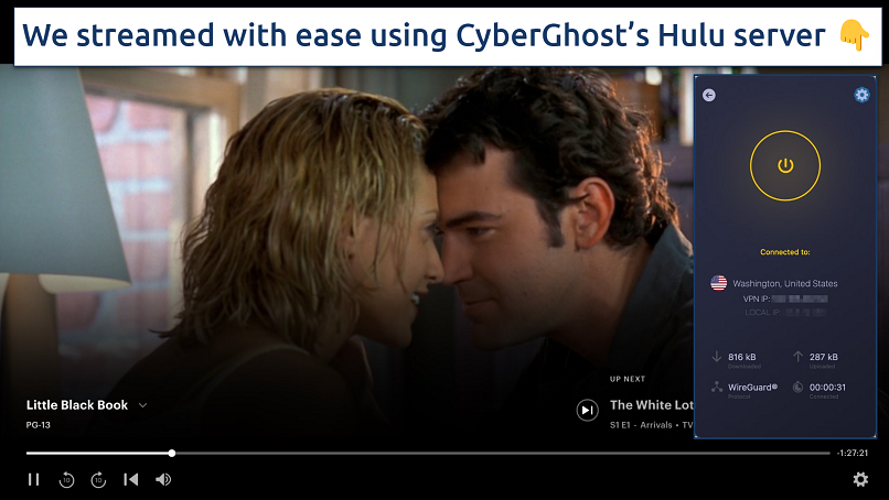 Screenshot showing the CyberGhost app over a browser streaming Hulu