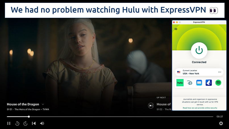 Screenshot showing the ExpressVPN app over a browser streaming Hulu