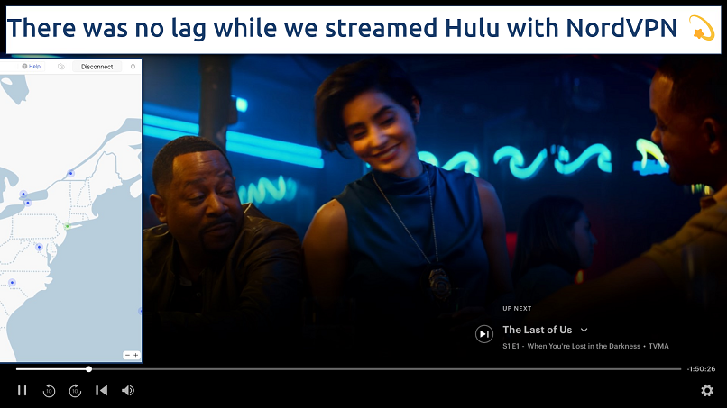 Screenshot showing the NordVPN app over a browser streaming Hulu