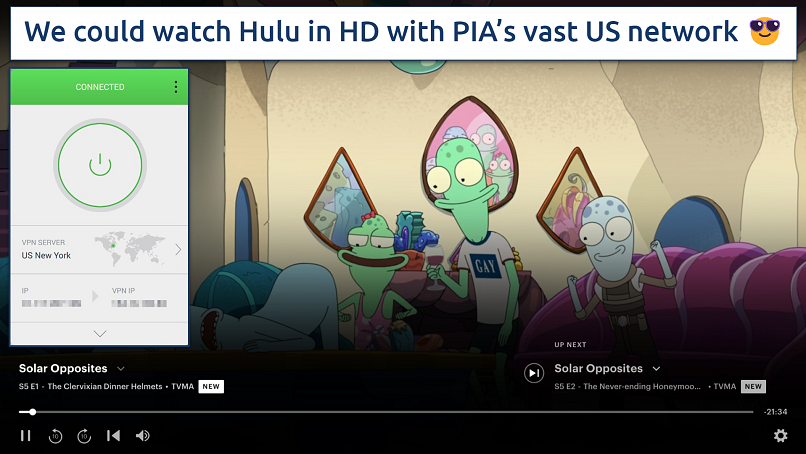 Screenshot showing the Private Internet Access app over a browser streaming Hulu