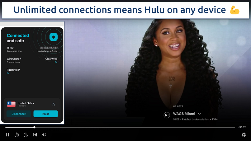 Screenshot showing the Surfshark app over a browser streaming Hulu