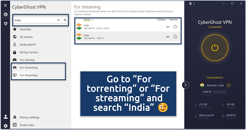 Screenshot of the CyberGhost Windows app with its Indian streaming servers and an active connection to its Netflix IN server