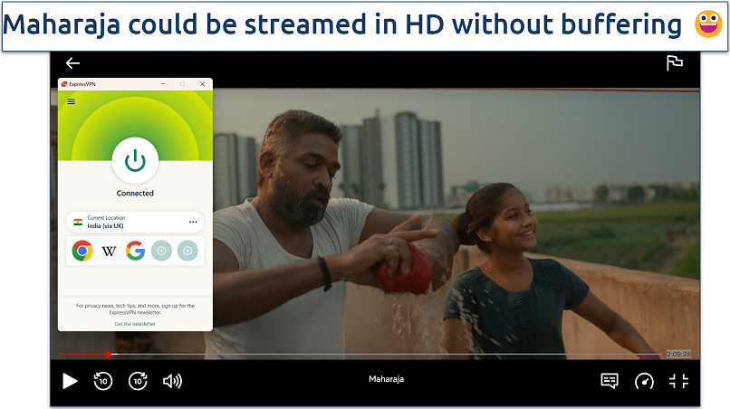 Screenshot of streaming Maharaja on Netflix while connected to ExpressVPN's India virtual server (via UK)