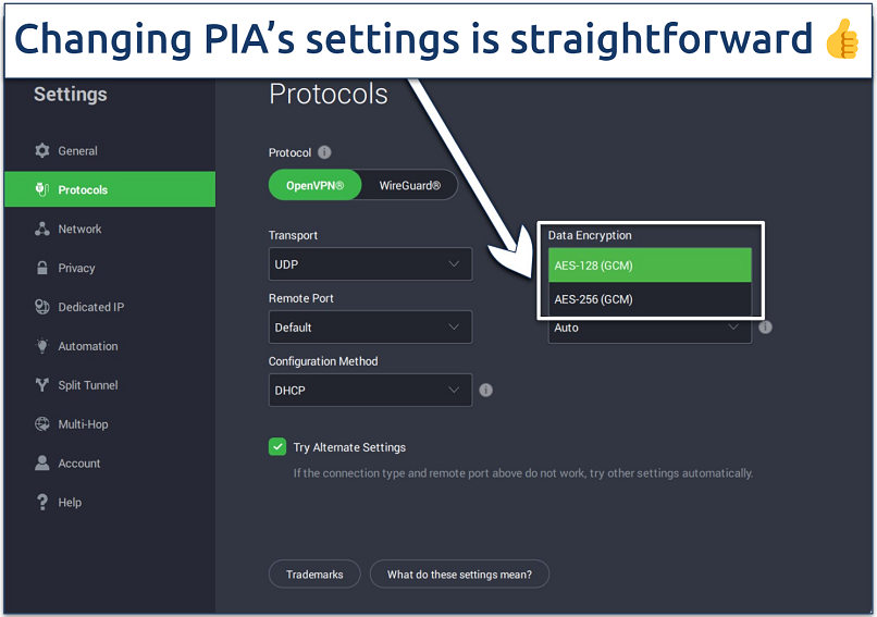 Screenshot of the PIA Windows app with its connection settings panel, highlighting the encryption level settings