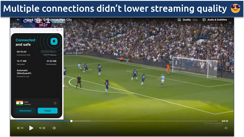 Screenshot of streaming football on Hotstar while connected to Surfshark's India Mumbai virtual server