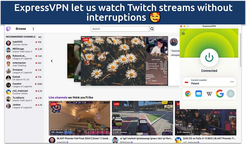 Screenshot of accessing Twitch with ExpressVPN connected