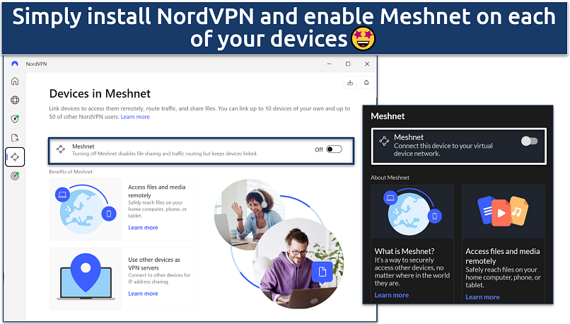 Screenshots of NordVPN's Meshnet main user interface