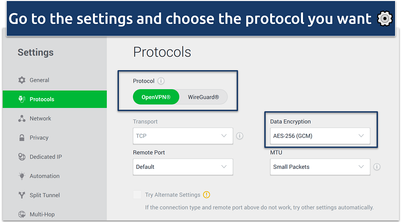 A screenshot showing PIA's protocol settings