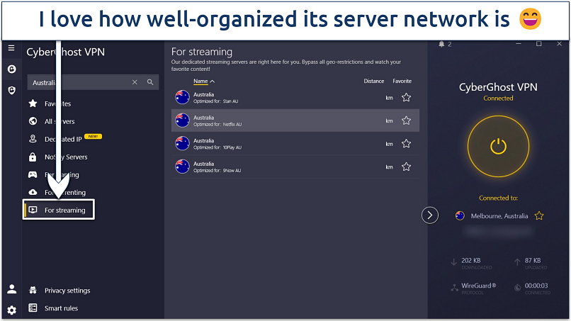 Screenshot displaying CyberGhost's Windows app with Australian streaming servers open