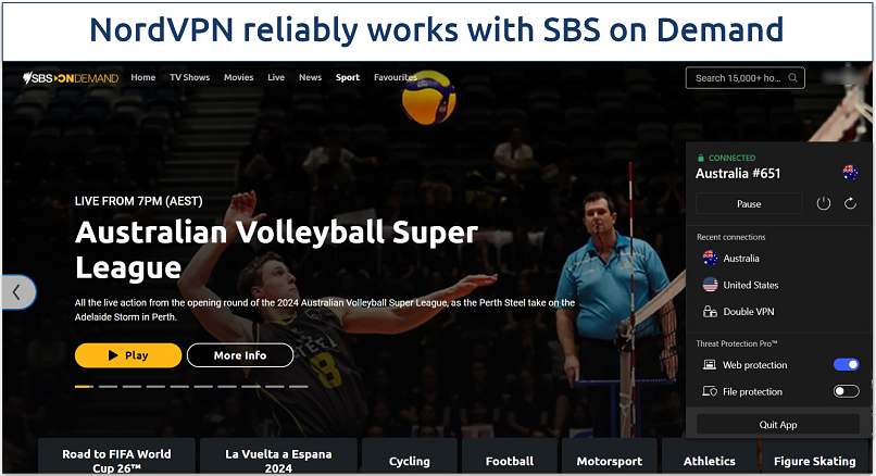 Screenshot displaying NordVPN accessing SBS On Demand