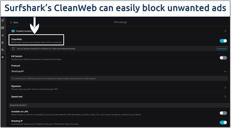 Screenshot displaying CleanWeb feature of Surfshark highlighted on app interface