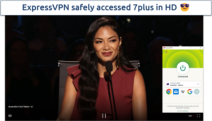 Screenshot showing ExpressVPN connected to Sydney to access Australia's Got Talent on 7+