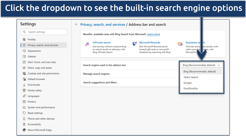 Screenshot showing how to find your default search engine settings in Microsoft Edge