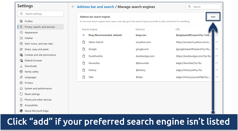 Screenshot showing how to add a new search engine in Microsoft Edge