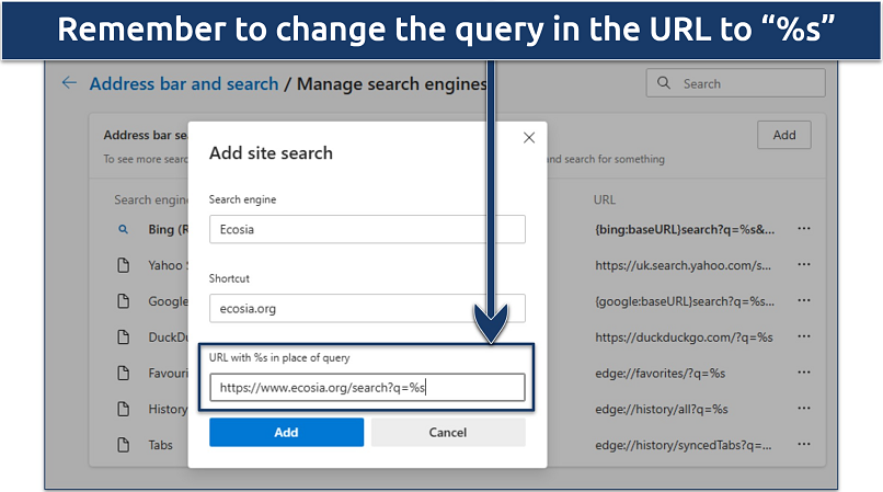 Screenshot showing how to add a new default search engine in Microsoft Edge