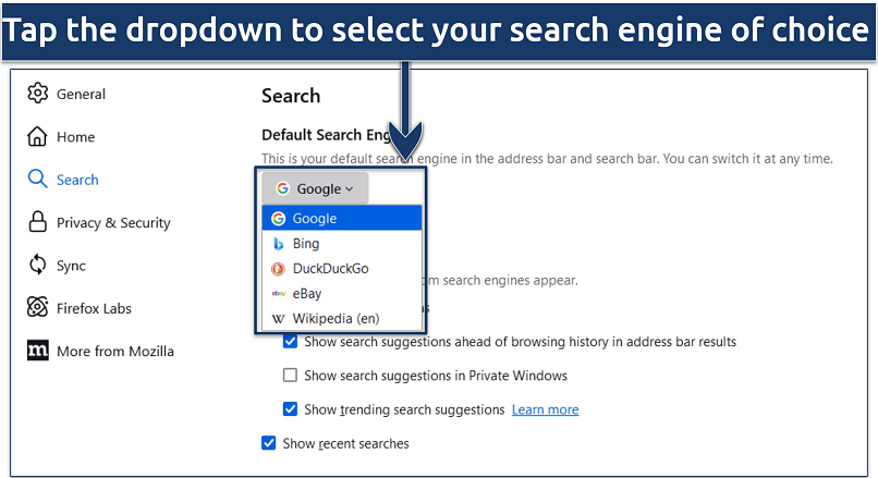 Screenshot showing the Firefox default search engine settings