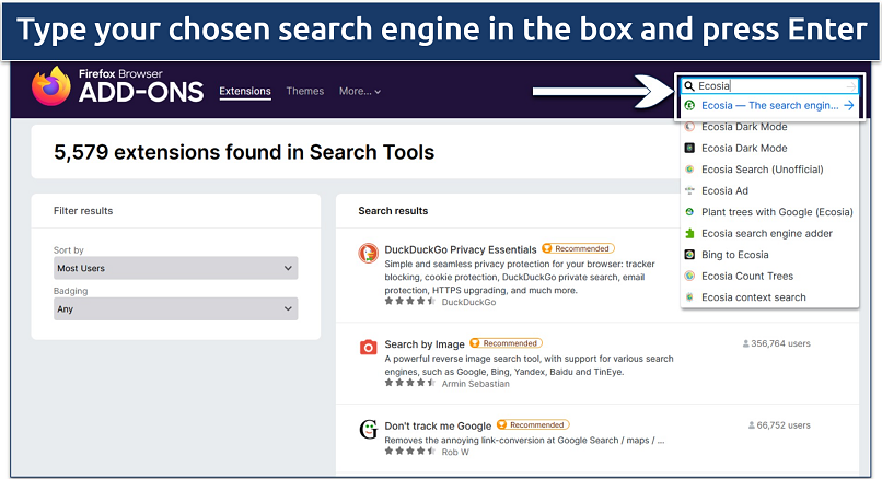 Screenshot showing how to add a new default search engine to Firefox