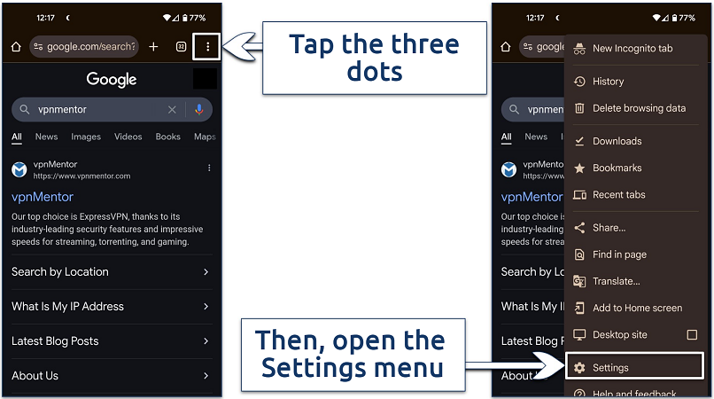 Screenshot showing the Google Chrome settings menu on Android