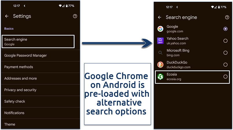 Screenshot showing the Google Chrome on Android search engine settings