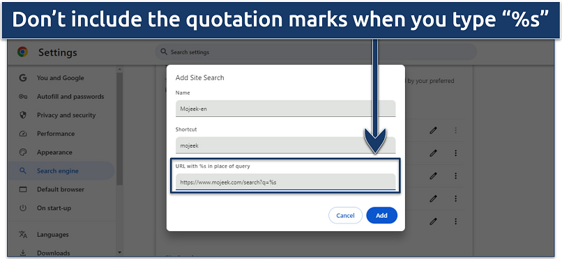 Screenshot showing the Google Chrome add site search settings