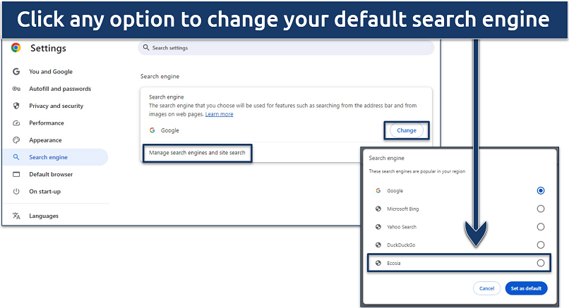 Screenshot showing the Google Chrome search engine settings